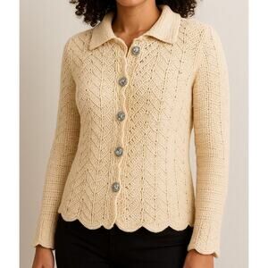 Mercer & Madison Lambswool Crochet Cardigan PS Cream Scallop Hem Crystal Buttons